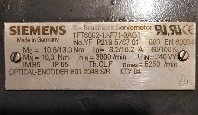 Siemens Servomotor, 10.2A / 13.0Nm / 3000 omdr./min. (1FT6082-1AF71-3AG1)