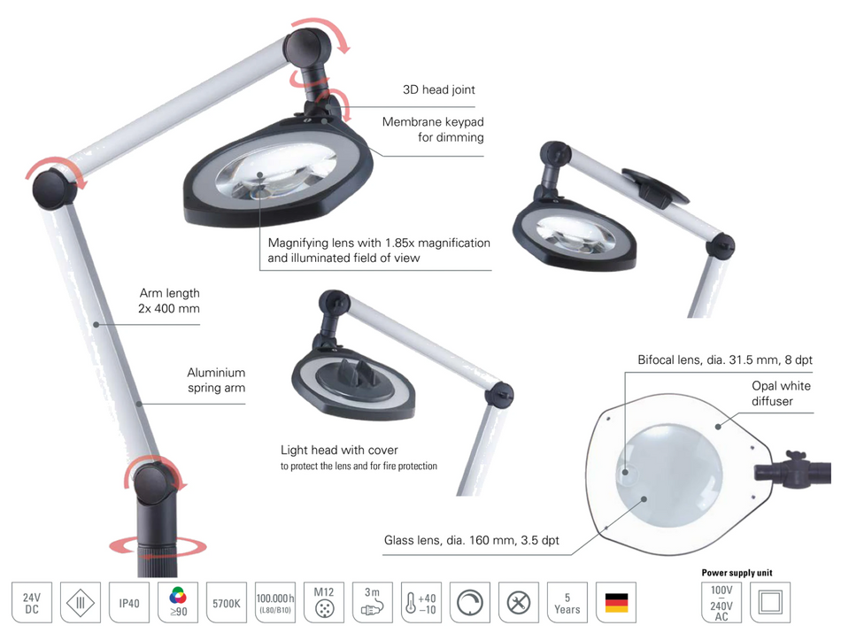 Professionel Luplampe med Bifokal linse og kraftig leddelt arm, forsynes med 24Vdc eller 230Vac. Bordholder medfølger og andre montagemuligheder er tilgængelige. LENSLED II DC (120810-12)