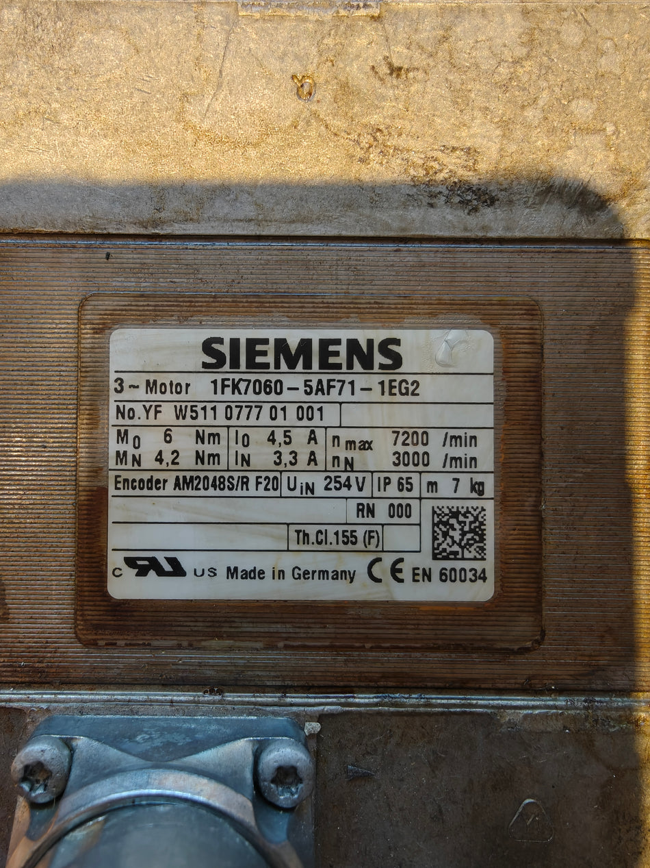 Siemens Servomotor, 4.5A / 6.0Nm / 3000 omdr./min. (1FK7060-5AF71-1EG2)
