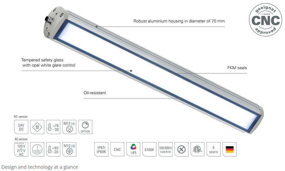 Maskinlampen i Ø70mm har et kraftigt LED lys og er den største i TUBELED-serien, længder fra 300-1540mm, forsyningen er 230Vac via M12 S-kodet stik, TUBELED_70 EVO AC (156X10-11)