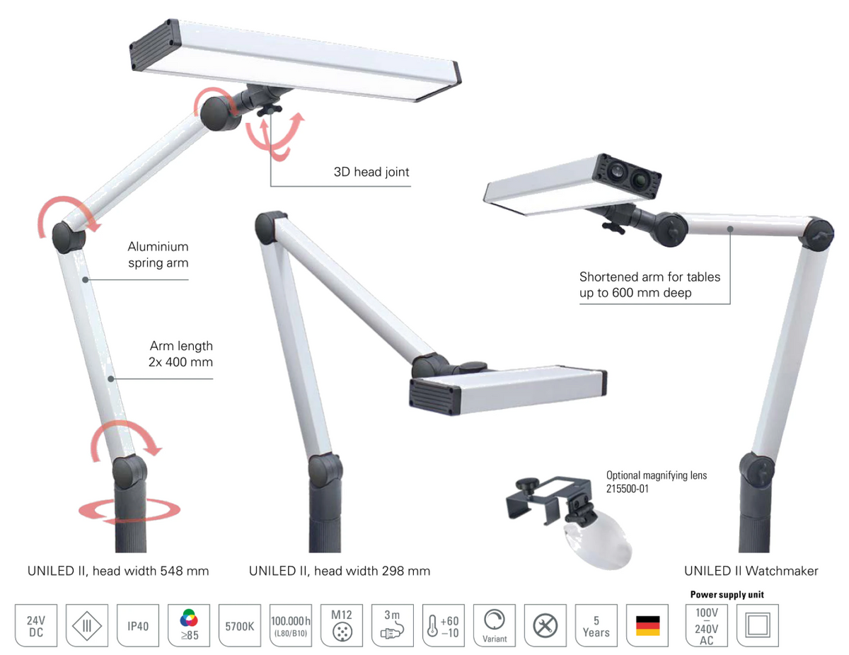 Lys, der følger arbejdet: UNILED II-ledarmslampen leverer klart, dagslyshvidt LED-lys præcis dér, hvor arbejdet udføres. Ledarmen kan nemt indstilles, og bordklemmen medfølger. Sælges af CNC Midt ApS