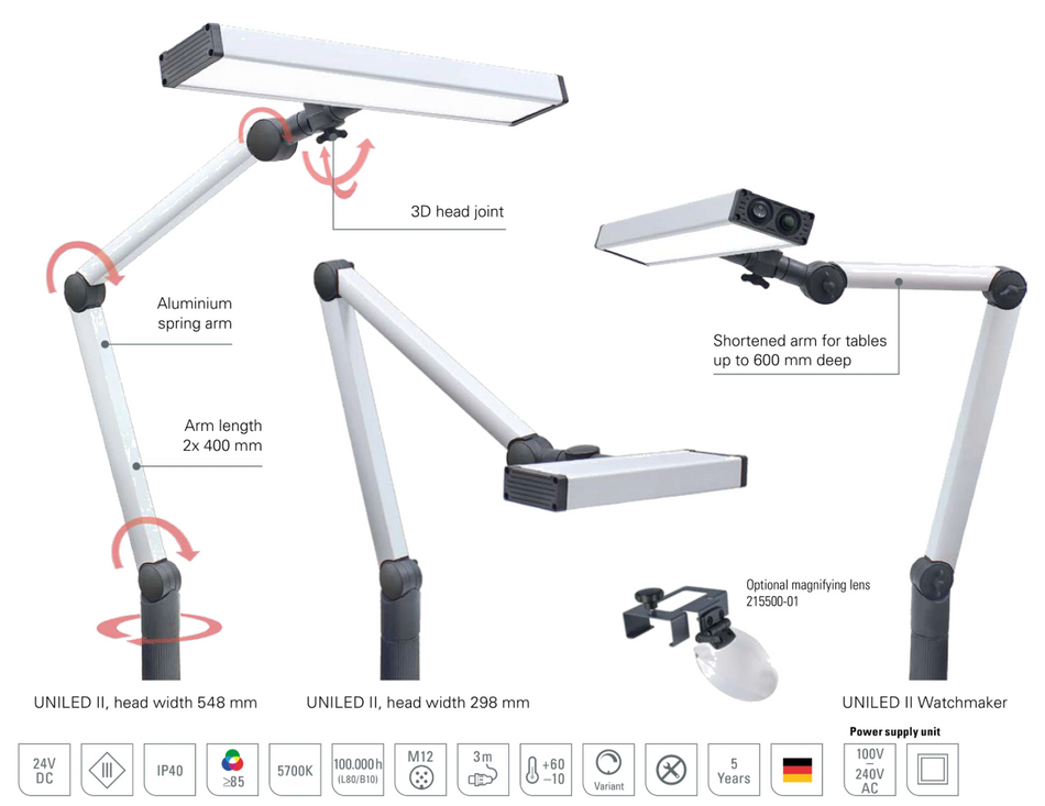 Lys, der følger arbejdet: UNILED II-ledarmslampen leverer klart, dagslyshvidt LED-lys præcis dér, hvor arbejdet udføres. Ledarmen kan nemt indstilles, og bordklemmen medfølger. Sælges af CNC Midt ApS