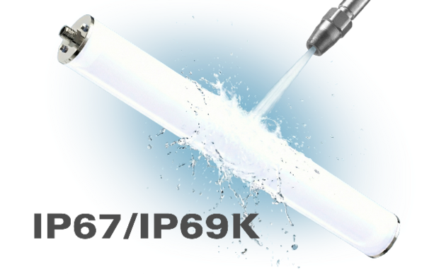 Lamper til hygiejnekrævende områder, forsynes med 24Vdc via M12 stik, CleanPro-serien er certificerede lamper der er udviklet til fødevareindustrien. Tåler rengøring ved højtryk og op til 80 grader. - CleanPro ECO (158X10-01)