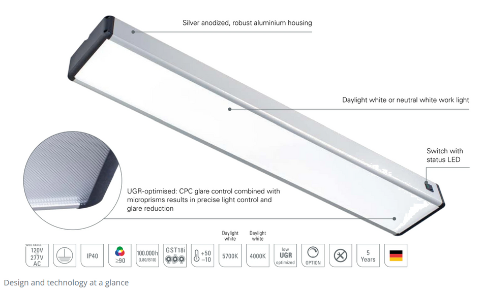 Meget kraftig lampe til brug ved arbejdsborde og lignende indenfor dansk industri.