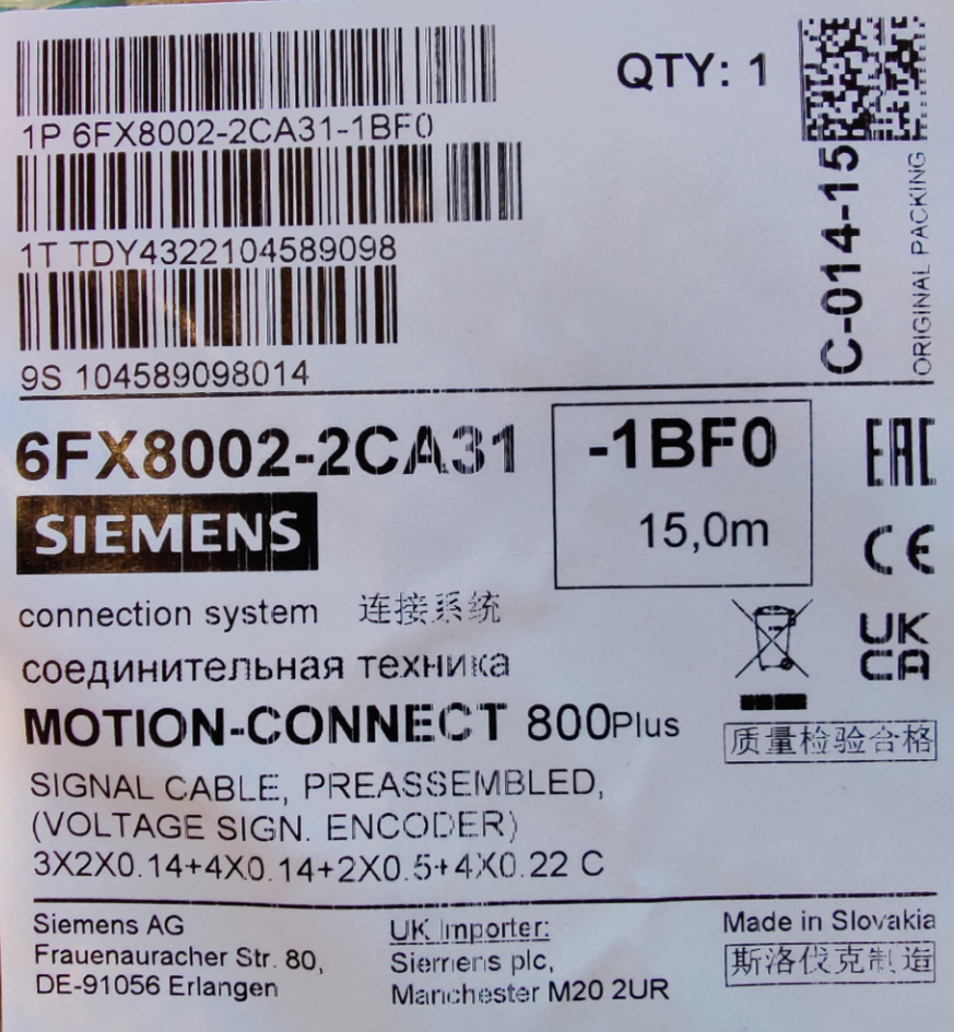 Siemens, Encoder kabel, 15 meter (6FX8002-2CA31-1BF0)