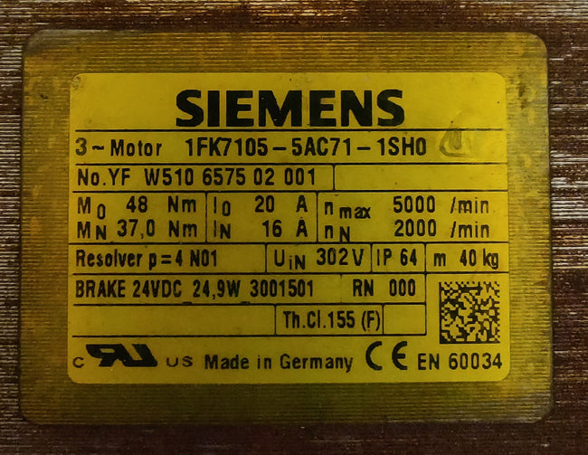 Siemens Servomotor, 20,0A / 48.0Nm / 2000 omdr./min. (1FK7105-5AC71-1SH0)