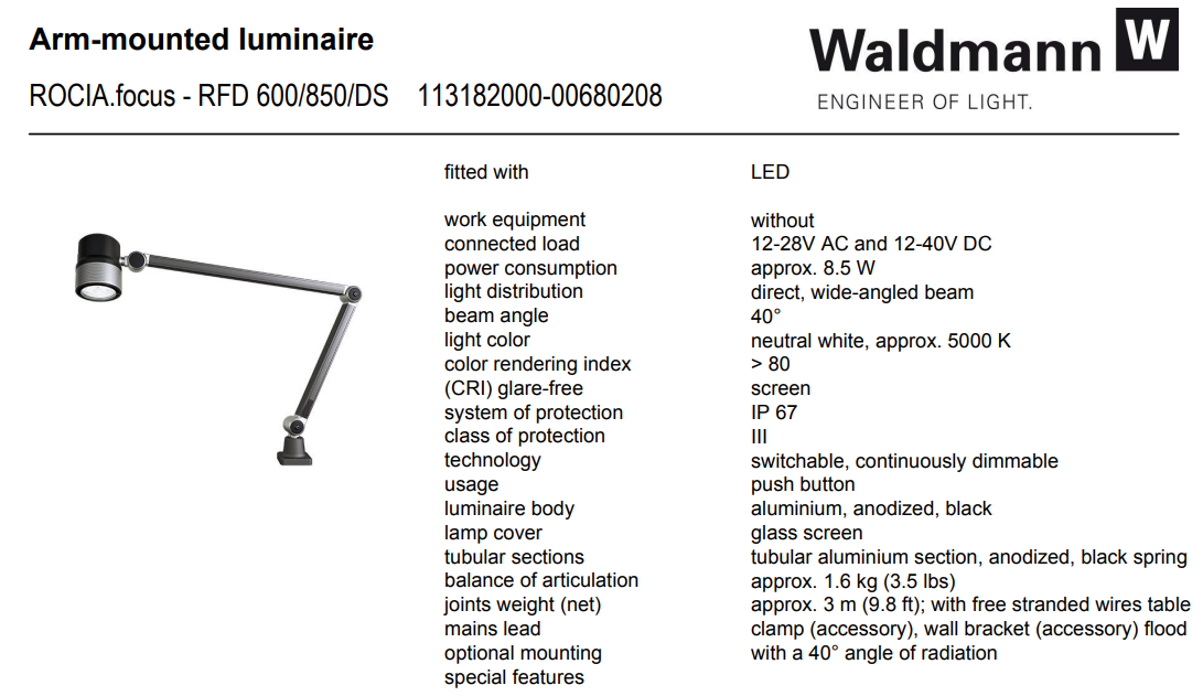 Waldmann lampe med arm - 24Vdc (RFD 600/850/DS) (113182000-00680208)